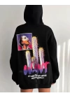 Baskılı Üç İplik Kapüşonlu Oversize Sweatshirt - Siyah