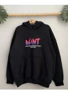 Baskılı Üç İplik Kapüşonlu Oversize Sweatshirt - Siyah
