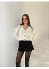 Beyaz Düğmeli V Yaka Triko Hırka - Beyaz