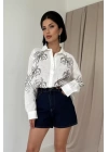 Beyaz Flamlı Keten Nakışlı Pullu Gömlek