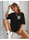 Bisiklet Yaka Baskılı T-shirt - Siyah