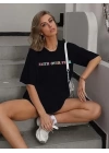 Bisiklet Yaka Baskılı T-shirt - Siyah