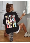 Bisiklet Yaka Baskılı T-shirt - Siyah