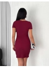 Bisiklet Yaka Kısa Kol Likralı Elbise - Bordo