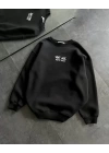 Bisiklet Yaka Üç İplik Baskılı Oversize SweatShirt - Siyah
