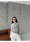 Bisiklet Yaka Uzun Kollu Crop - Gri