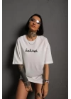 Bisiklet Yakalı Sırt Baskılı Oversize T-Shirt - Beyaz