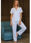 Kadın Mavi Çizgili Kısa Kollu Gömlek Yaka Düğmeli Pantolonlu Pamuklu Pijama Takımı
