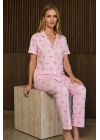 Kadın Pembe Çizgili Fiyonk Desenli Kısa Kollu Düğmeli Gömlek Yaka Pantolonlu Pijama Takımı