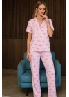 Kadın Pembe Çizgili Fiyonk Desenli Kısa Kollu Düğmeli Gömlek Yaka Pantolonlu Pijama Takımı