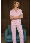 Kadın Pembe Çizgili Fiyonk Desenli Kısa Kollu Düğmeli Gömlek Yaka Pantolonlu Pijama Takımı