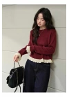 Kadın Bordo Bisiklet Yaka Uzun Kol Oversize Dantel Detaylı Yumuşak Dokulu Triko Kazak