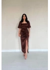 Bordo Büzgülü Saten Elbise