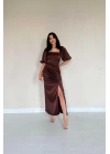 Bordo Büzgülü Saten Elbise