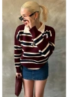 Kadın Bordo Çizgili Polo Yaka Düğmeli Uzun Kollu Oversize Yumuşak Dokulu Triko Kazak