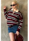 Kadın Bordo Çizgili Polo Yaka Düğmeli Uzun Kollu Oversize Yumuşak Dokulu Triko Kazak