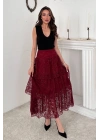Kadın Bordo Kat Kat Dantelli Etek