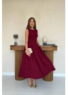 Bordo Halter Yaka Kloş Elbise