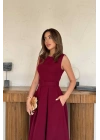 Bordo Halter Yaka Kloş Elbise