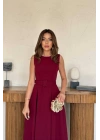 Bordo Halter Yaka Kloş Elbise