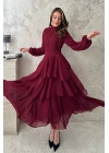 Bordo Kat Kat Bel Detaylı Elbise
