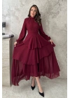Bordo Kat Kat Bel Detaylı Elbise