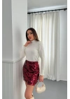 Kadın Bordo Astarlı Pullu Kısa Etek