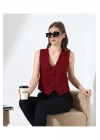 Kadın Bordo V Yaka Önü Düğmeli Klasik Kesim Astarlı Kumaş Yelek