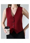 Kadın Bordo V Yaka Önü Düğmeli Klasik Kesim Astarlı Kumaş Yelek