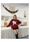 Kadın Bordo Yıldız Desenli Bisiklet Yaka Uzun Kollu Oversize Triko Kazak