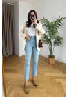 bysoca Kadın Buz Mavi Yüksek Bel Mom Jean Boyfriend Kalıp Kot Pantolon