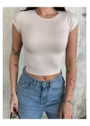 Kadın Bej Bisiklet Yaka Kısa Kollu Vücudu Saran Basic Fitilli Crop Tişört