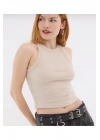Kadın Bej Halter Yaka Fitilli Kaşkorse Sporcu Basic Düz Günlük Yazlık Crop Atlet