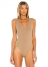 Kadın Bej V Yaka Sıfır Kol Çift Kat Sandy Kumaş Vücudu Saran Basic Tanga Bodysuit