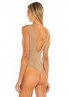 Kadın Bej V Yaka Sıfır Kol Çift Kat Sandy Kumaş Vücudu Saran Basic Tanga Bodysuit