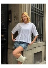 Kadın Beyaz Bisiklet Yaka Kısa Kollu Eteği Büzgülü Volanlı Oversize Basic Tişört