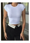 Kadın Beyaz Bisiklet Yaka Kısa Kollu Vücudu Saran Basic Fitilli Crop Tişört