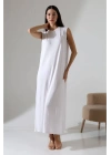 Kadın Beyaz Oversize Sıfır Kol Bisiklet Yaka Uzun Maxi Basic Viskon İçlik Jile Elbise