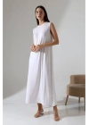 Kadın Beyaz Oversize Sıfır Kol Bisiklet Yaka Uzun Maxi Basic Viskon İçlik Jile Elbise