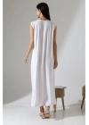 Kadın Beyaz Oversize Sıfır Kol Bisiklet Yaka Uzun Maxi Basic Viskon İçlik Jile Elbise