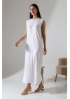 Kadın Beyaz Oversize Sıfır Kol Bisiklet Yaka Uzun Maxi Basic Viskon İçlik Jile Elbise