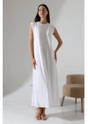 Kadın Beyaz Oversize Sıfır Kol Bisiklet Yaka Uzun Maxi Basic Viskon İçlik Jile Elbise