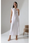 Kadın Beyaz Oversize Sıfır Kol Bisiklet Yaka Uzun Maxi Basic Viskon İçlik Jile Elbise