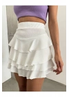 Kadın Beyaz Yüksek Bel Beli Lastikli V Kesim Kat Kat Fırfırlı Dokulu Mini Kısa Günlük Etek