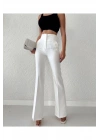 Kadın Beyaz Yüksek Bel Cepli Toparlayıcı İspanyol Paça Atlas Kumaş Pantolon