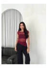 Kadın Bordo Kayık Yaka Kısa Kollu Asimetrik Kesim Fisto Dantel Transparan Crop Bluz