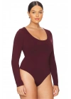 Kadın Bordo U Yaka Uzun Kollu Alttan Çıtçıtlı İpek Jarse Basic Tanga Bodysuit