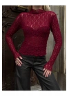 Kadın Bordo Yarım Balıkçı Yaka Uzun Kollu Vücudu Saran Transparan Dantel Tül Body Bluz