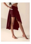 Kadın Bordo Yüksek Bel Cepli Şortlu Asimetrik Yandan Yırtmaçlı Uzun Spor Yoga Eteği