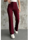Kadın Bordo Yüksek Bel Günlük Önü Dikişli Likralı İspanyol Paça Tayt Pantolon